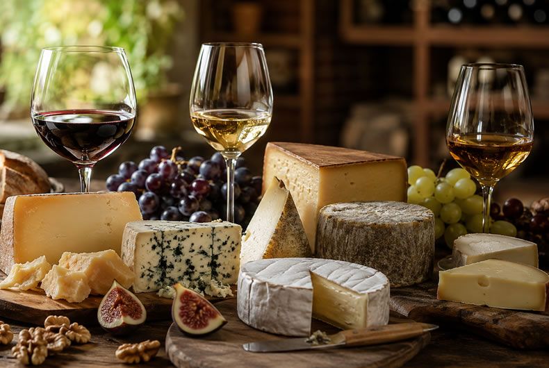 Abbinamento vino e formaggi: selezione di formaggi italiani con vino rosso e bianco, uva e fichi. Degustazione formaggio e vino.