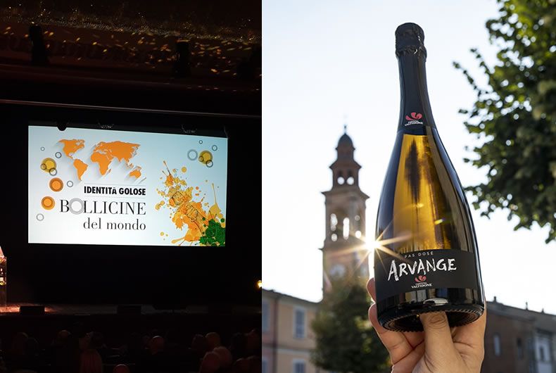 Presentazione Bollicine del Mondo: schermo con mappa e logo, bottiglia Arvange Pas Dosé con sfondo torre e sole.
