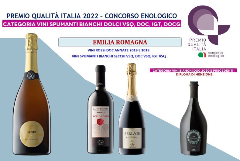 Bottiglie di vino premiate al Premio Qualità Italia 2022. In evidenza Venus Malvasia Dolce Spumante. Concorso enologico, Emilia Romagna.