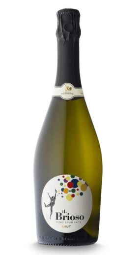 Bottiglia di vino spumante Il Brioso Brut della Cantina Valtidone. Etichetta con figura stilizzata e cerchi colorati.