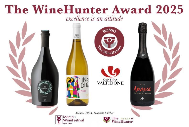 Cantina Valtidone: premi WineHunter Award 2025. Bottiglie vino rosso, bianco e spumante premiate a Merano.