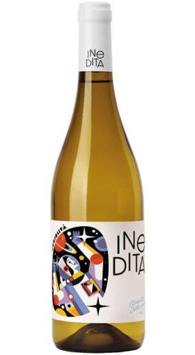 Bottiglia di vino bianco Inedita Valtidone. Etichetta con design astratto e moderno. Vino italiano di alta qualità.