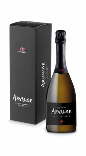 Bottiglia e confezione di Arvange Pas Dosé, vino spumante metodo classico.
