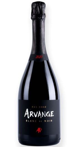 Bottiglia di vino spumante Arvange Pas Dosé. Vino Blanc de Noir, annata 2020.