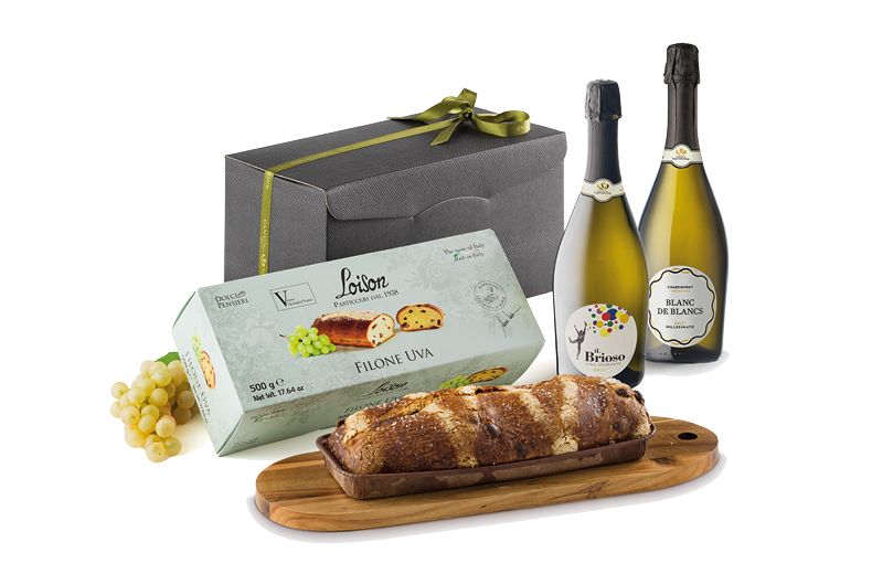 Cesto natalizio Loison: filone uva, spumante Brioso e Blanc de Blancs, confezione regalo. Idee regalo Natale.