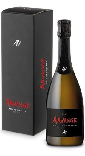 Bottiglia e confezione regalo Arvange Brut Metodo Classico. Spumante italiano elegante per Natale e feste.