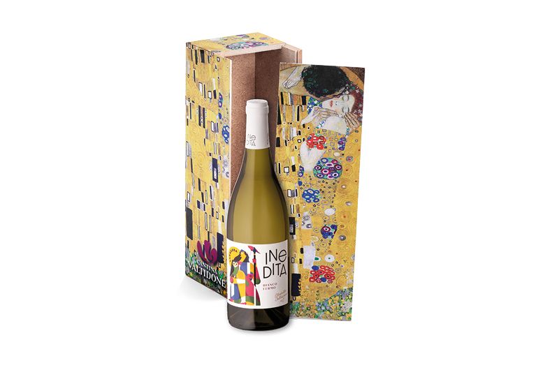Bottiglia vino bianco Inedita in confezione regalo Klimt. Idea regalo Natale, vino italiano.
