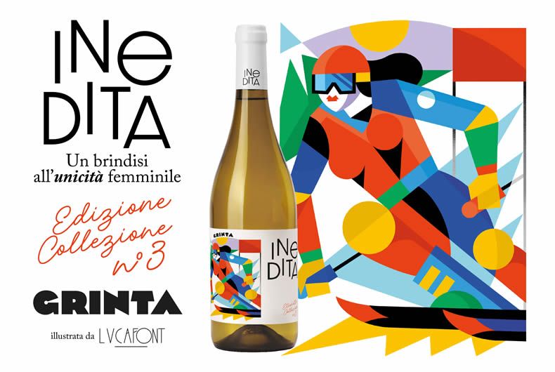 Vino Inedita Grinta, terza etichetta: bottiglia con grafica colorata di sciatrice. Edizione collezione n.3 Valtidone, un brindisi all'unicità femminile.