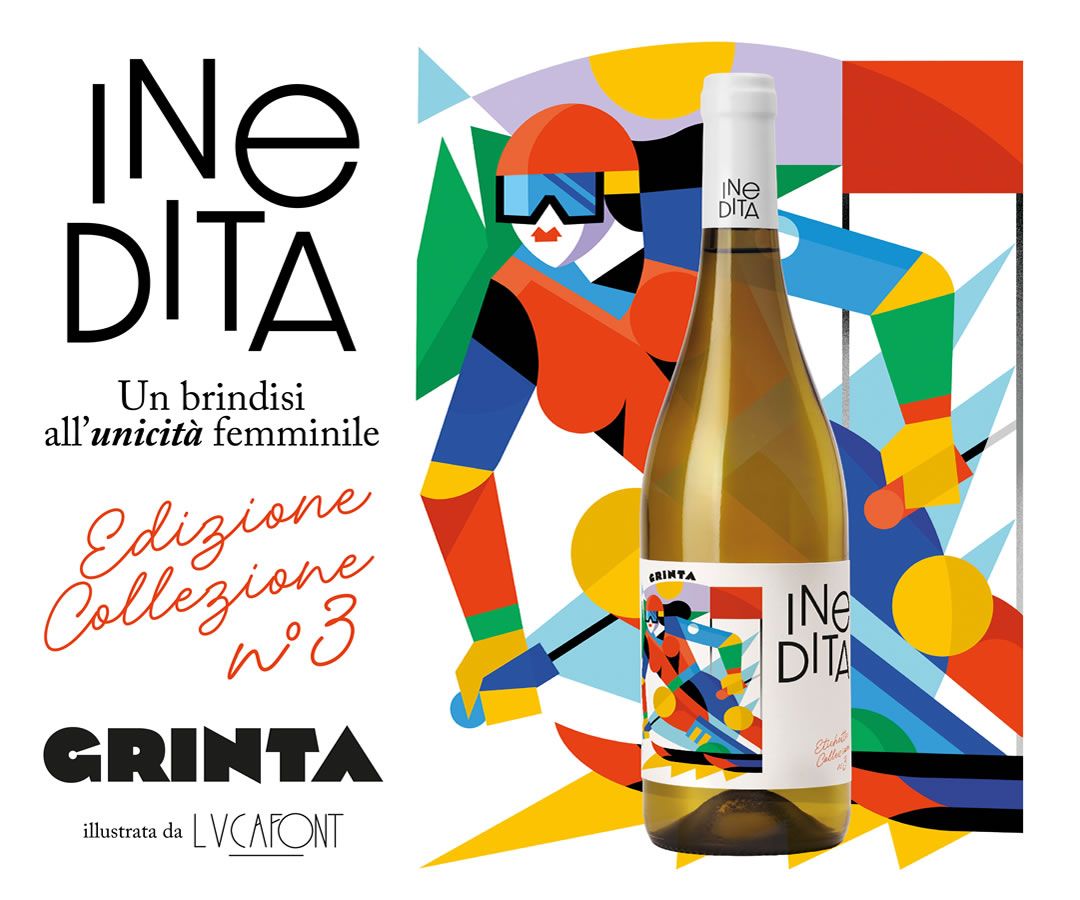Cantina Valtidone Inedita Edizione Collezione n°3: vino bianco Grinta con grafica moderna. Bottiglia Inedita Valtidone.