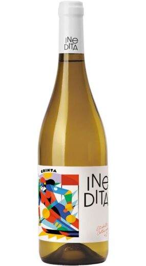 Bottiglia di vino bianco Inedita Cantina Valtidone. Etichetta colorata con sciatore. Vino italiano di alta qualità.