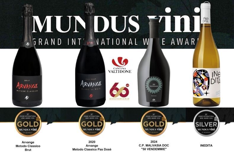 Premi Mundus Vini 2026: Cantina Valtidone celebra i suoi vini Arvange e Inedita con medaglie d'oro e argento. Eccellenza vinicola italiana.