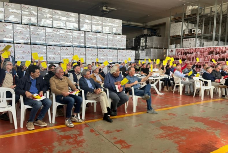Assemblea di persone sedute che alzano cartelli gialli in un magazzino con scatole accatastate.