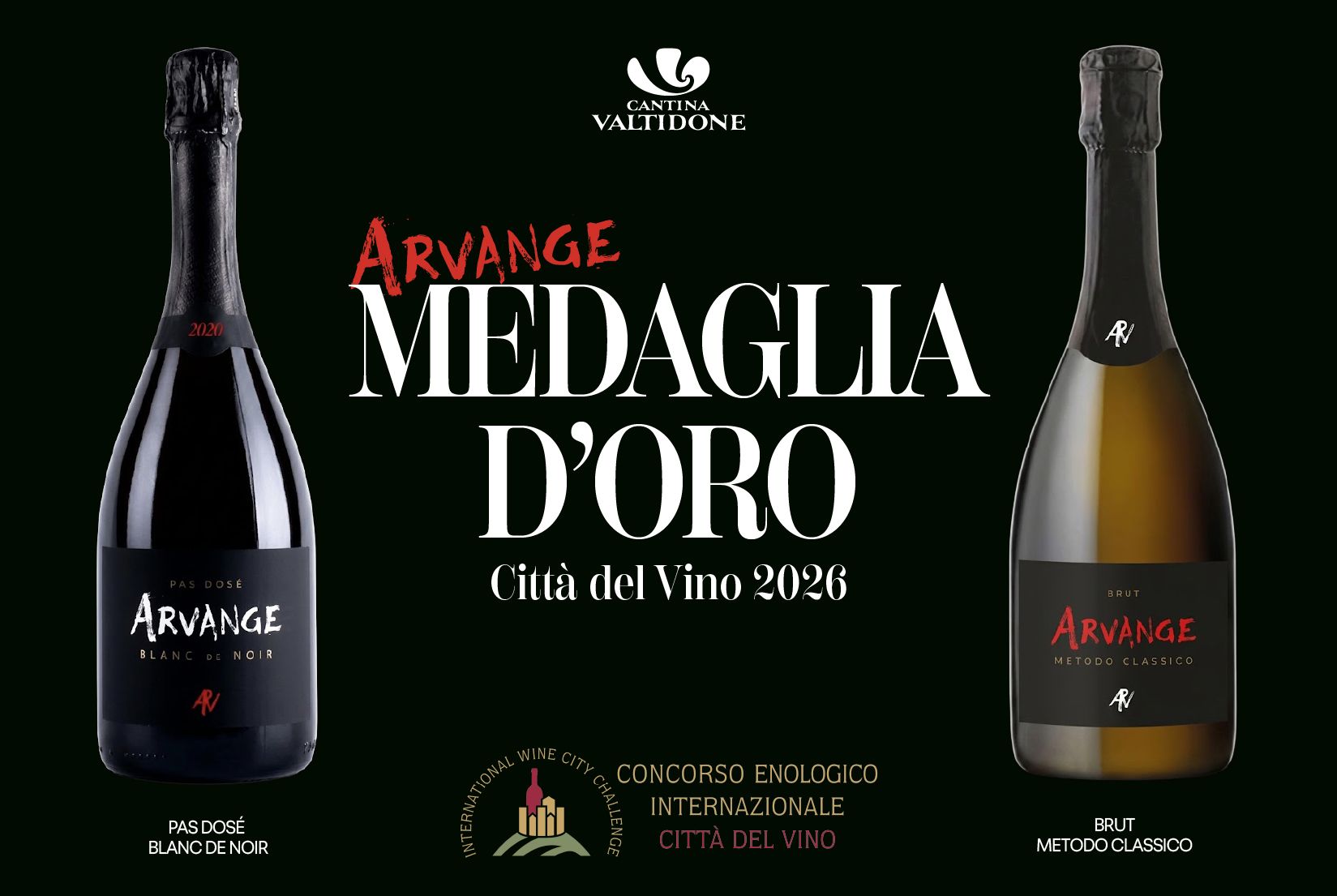 Due bottiglie di spumante Arvange Cantina Valtidone premiate con la Medaglia d'Oro al Concorso Enologico Internazionale Città del Vino 2026.