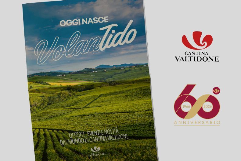 Locandina con vigneti in collina e il testo Oggi nasce VolanTido, offerte, eventi e novità dal mondo di Cantina Valtidone con logo 60 anni.