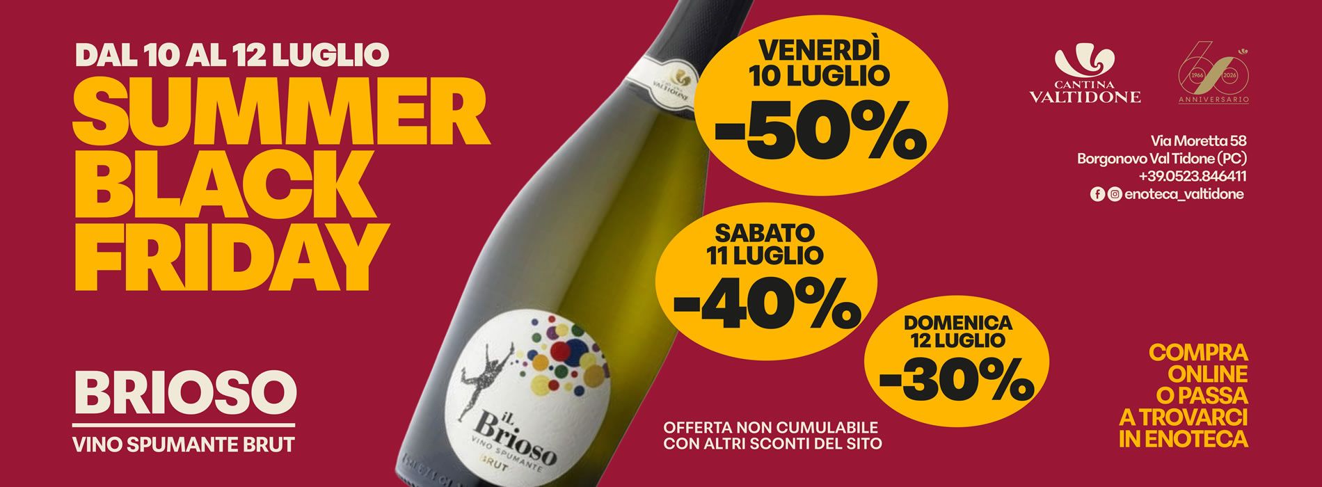 Bottiglia di vino spumante Il Brioso su sfondo rosso per la promozione Summer Black Friday di Cantina Valtidone dal 10 al 12 luglio.