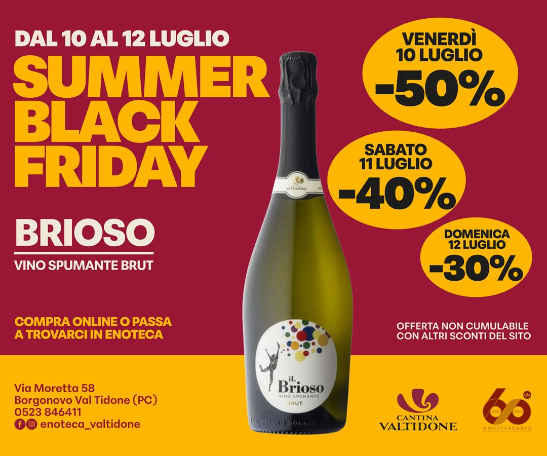Bottiglia di vino spumante Brioso su sfondo rosso con promozioni Summer Black Friday dal 10 al 12 luglio presso Cantina Valtidone.