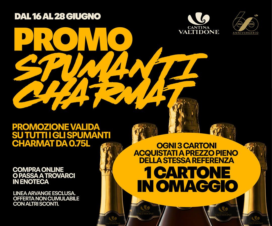 Locandina promozionale Cantina Valtidone per spumanti Charmat con offerta 3 più 1 omaggio valida dal 16 al 28 giugno.