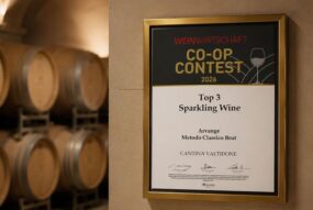 Targa incorniciata in una cantina con botti che celebra il riconoscimento Top 3 Sparkling Wine del WEINWIRTSCHAFT CO-OP Contest 2026 per Cantina Valtidone.