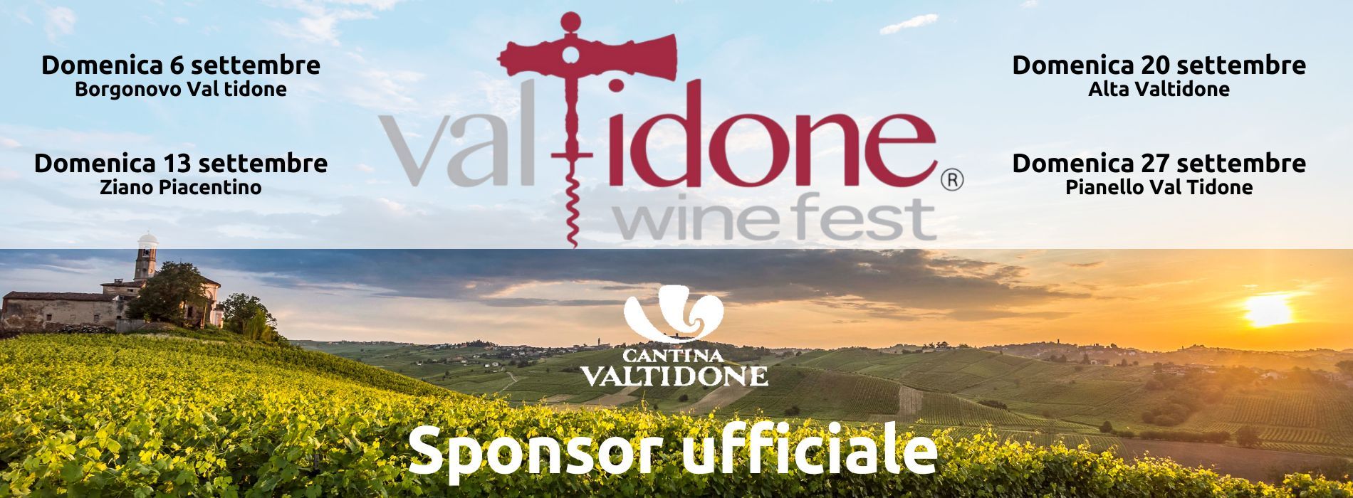 Locandina del Val Tidone Wine Fest con date, luoghi e logo Cantina Valtidone su sfondo di vigneti al tramonto.