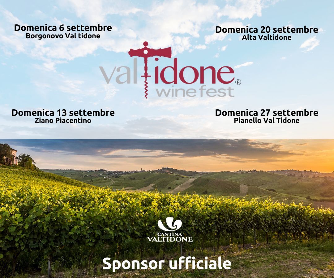 Locandina del Val Tidone Wine Fest con date ed eventi a settembre tra i vigneti e logo Cantina Valtidone come sponsor ufficiale.