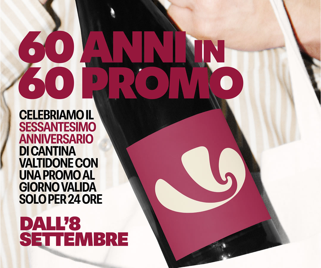 Bottiglia di vino con etichetta Cantina Valtidone e testo promozionale per il sessantesimo anniversario dall'8 settembre.