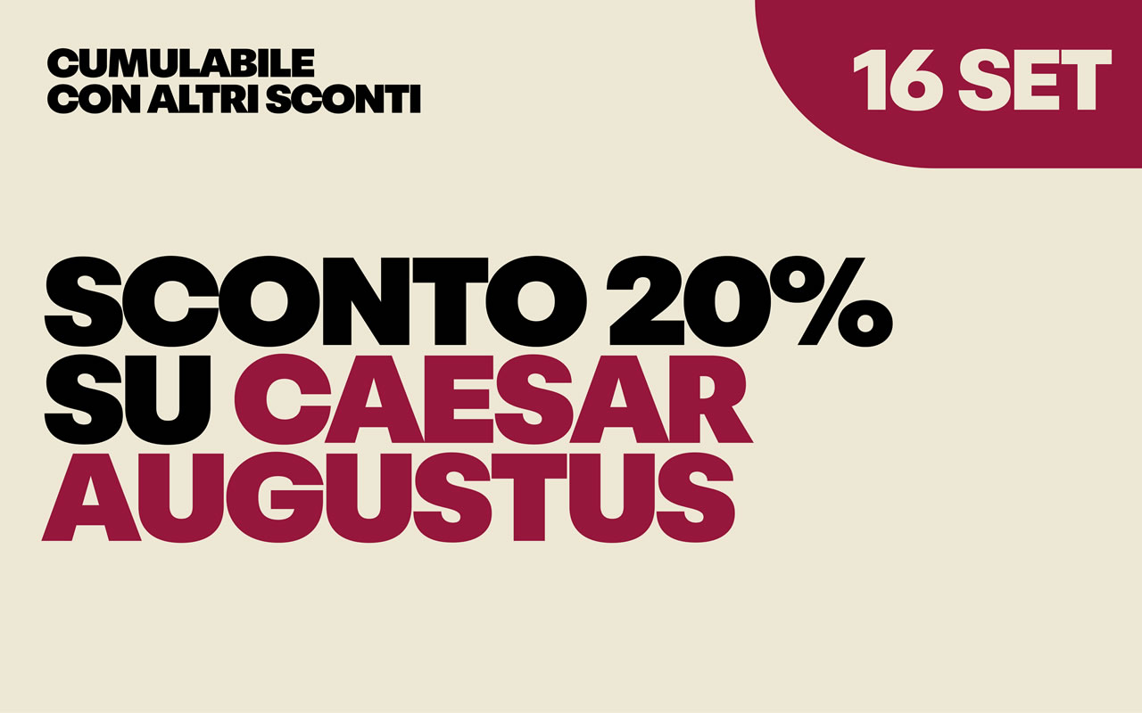 cantina-valtidone-promo-16-set Sconto del 20% su Caesar Augustus, indicazione 16 SET e dicitura CUMULABILE CON ALTRI SCONTI su sfondo color crema con dettagli bordeaux.