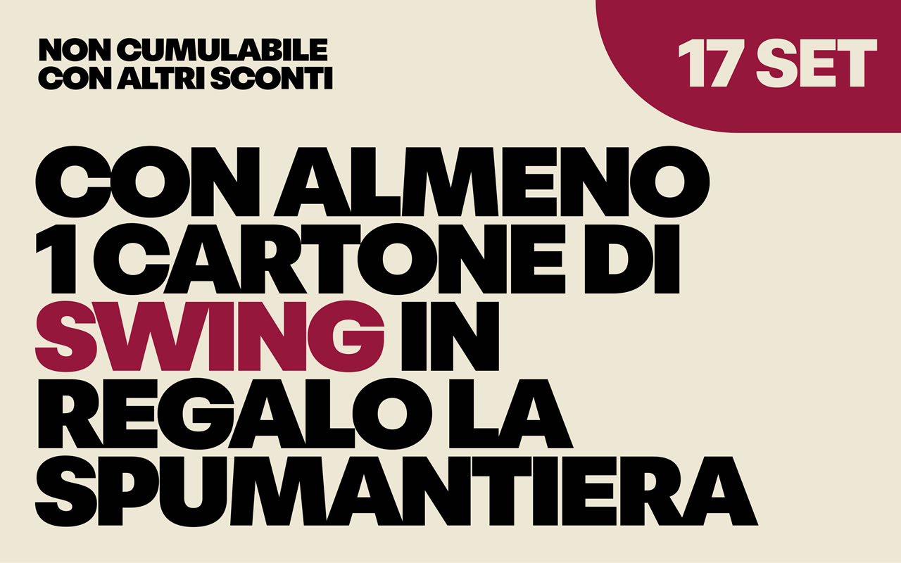cantina-valtidone-promo-17-set Spumantiera in regalo con l'acquisto di un cartone di Swing il 17 SET, scritta nera su fondo crema con dettagli bordeaux.