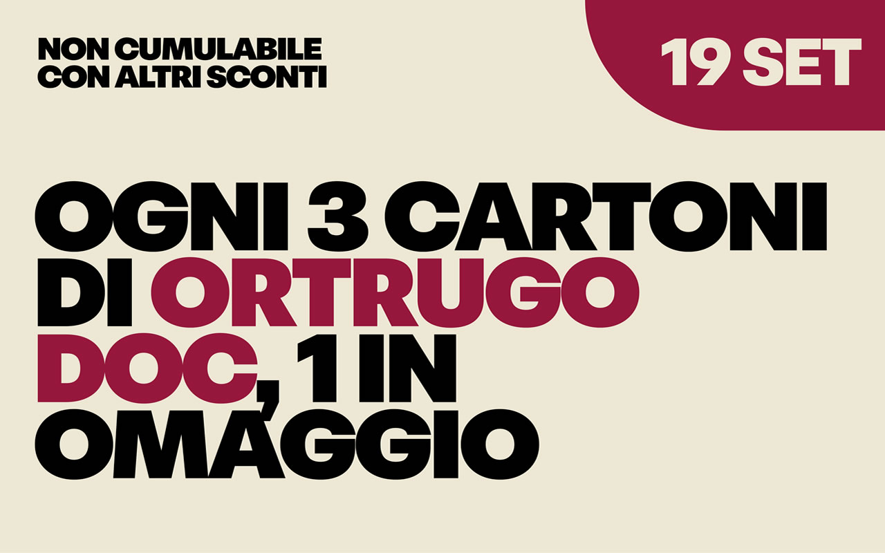 cantina-valtidone-promo-19-set Offerta valida il 19 SET che prevede un cartone di Ortrugo DOC in omaggio ogni tre acquistati, su sfondo crema con scritte nere e bordeaux.