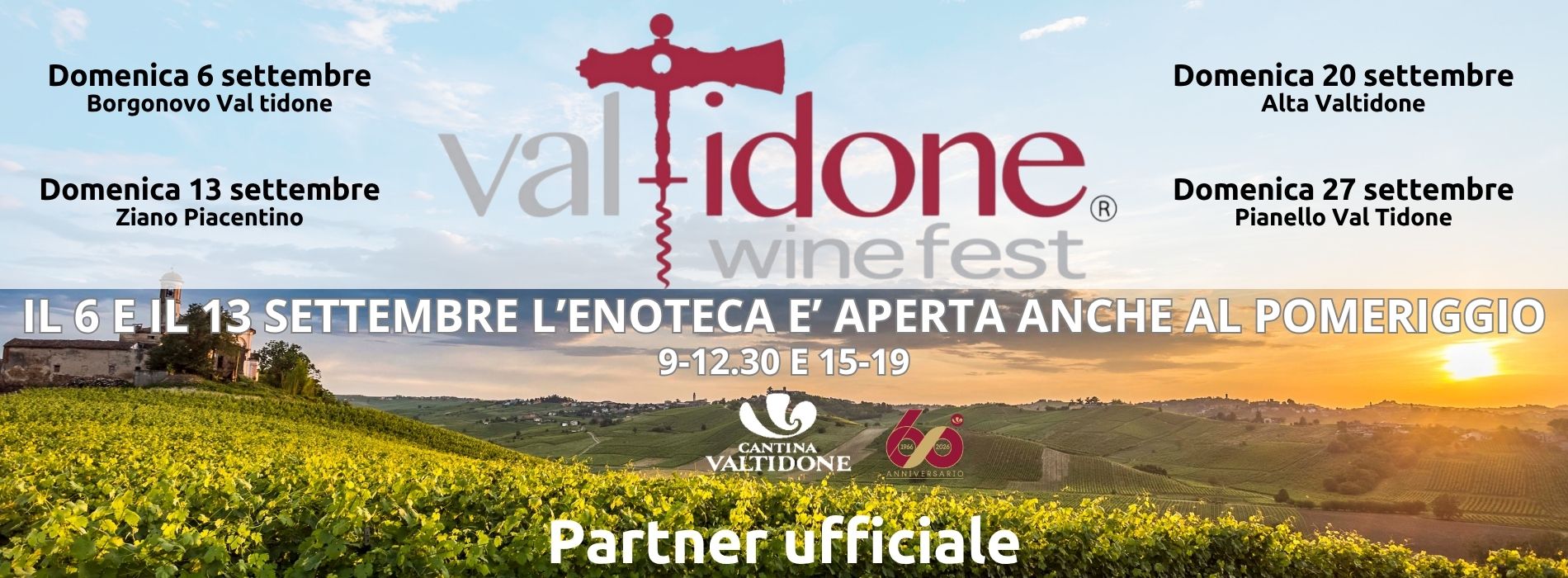 Calendario eventi Val Tidone Wine Fest con date di settembre e annuncio di apertura pomeridiana dell'enoteca Cantina Valtidone.