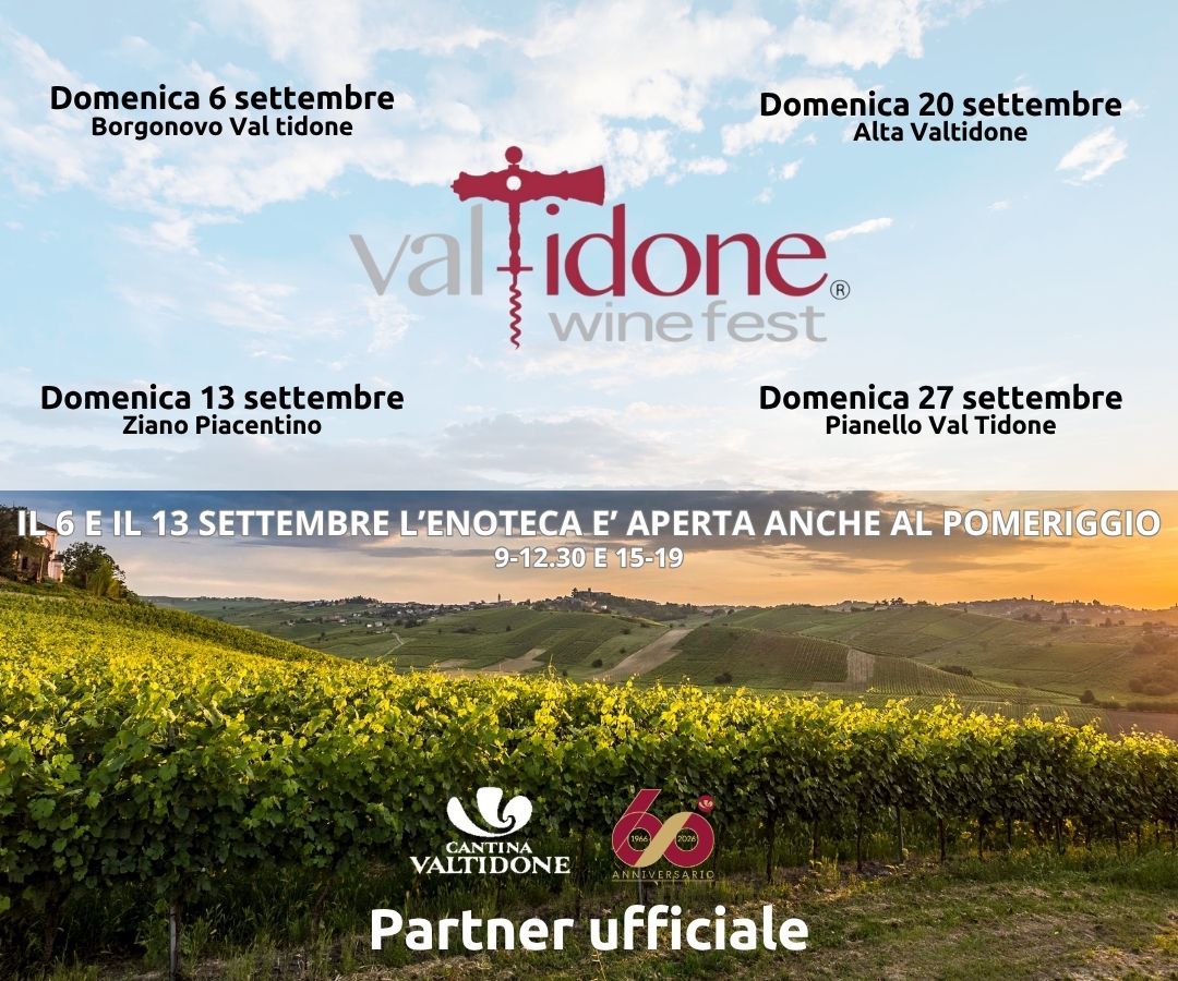 Programma eventi Val Tidone Wine Fest di settembre con orari di apertura straordinaria dell'enoteca su sfondo di colline vitate.