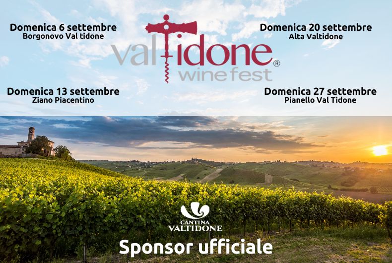 Locandina del Val Tidone Wine Fest con date degli eventi a settembre e panorama collinare di vigneti al tramonto, sponsorizzato da Cantina Valtidone.