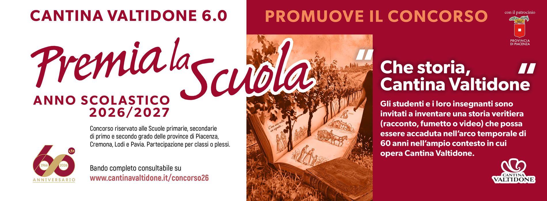 Locandina del concorso 'Premia la Scuola' di Cantina Valtidone 6.0 per l'anno scolastico 2026/2027, con testo su sfondo rosso e immagine di un libro aperto.