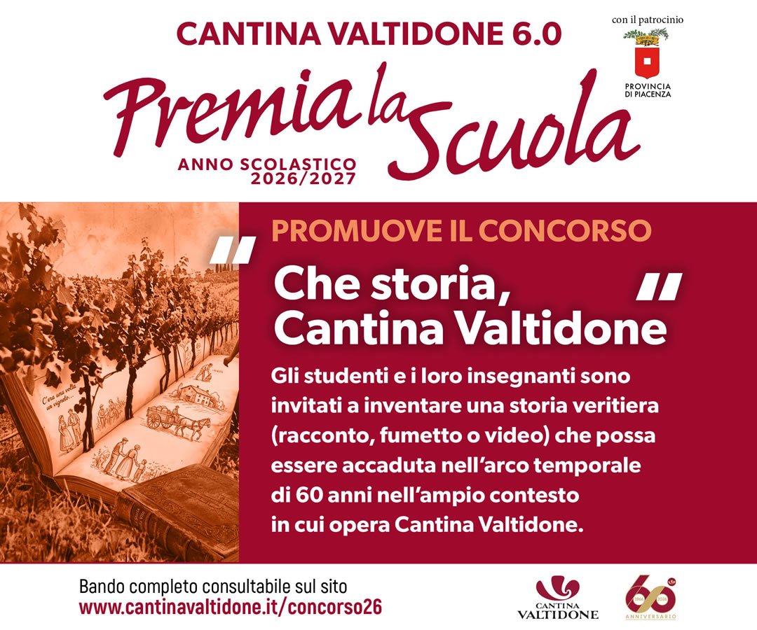 Locandina del concorso 'Premia la Scuola' di Cantina Valtidone 6.0 con illustrazione di un libro aperto e paesaggio collinare.